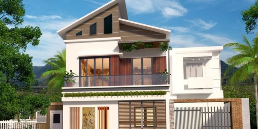 Mẫu nhà gỗ 2 tầng mái lệch dọc hiện đại